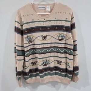 Vintage Womens Sweater Size XL Beaded Butterfly Floral Basket Garden Pointelle